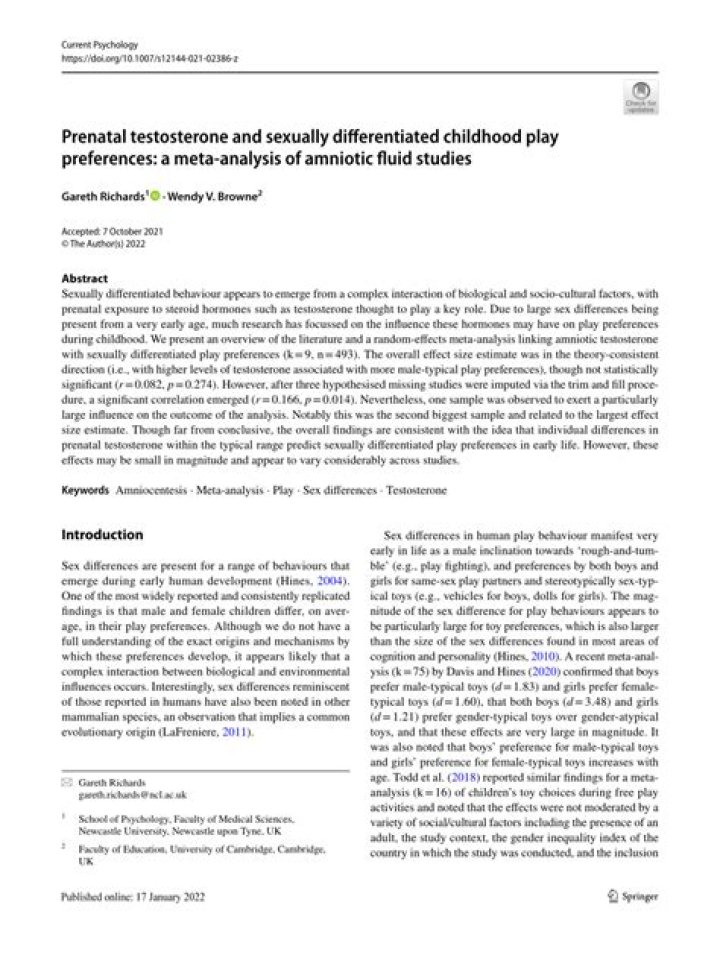 Prenatal testosterone and sexually differentiated childhood play preferences: A meta-analysis of amniotic fluid studies - ePrints