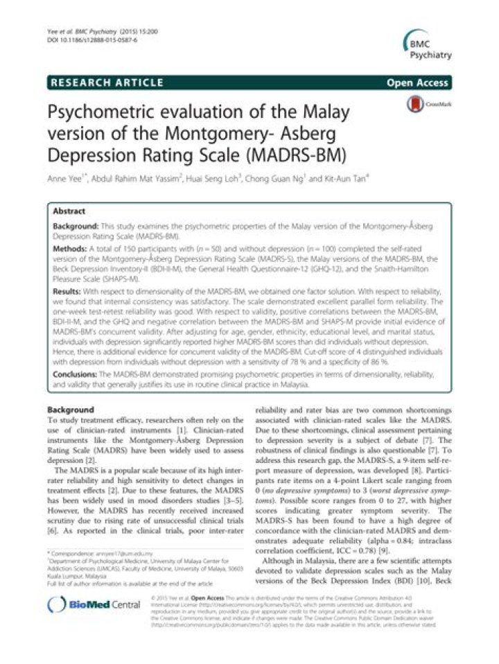 Psychometric evaluation of the Malay version of the Montgomery- Asberg Depression Rating Scale (MADRS-BM) - ePrints