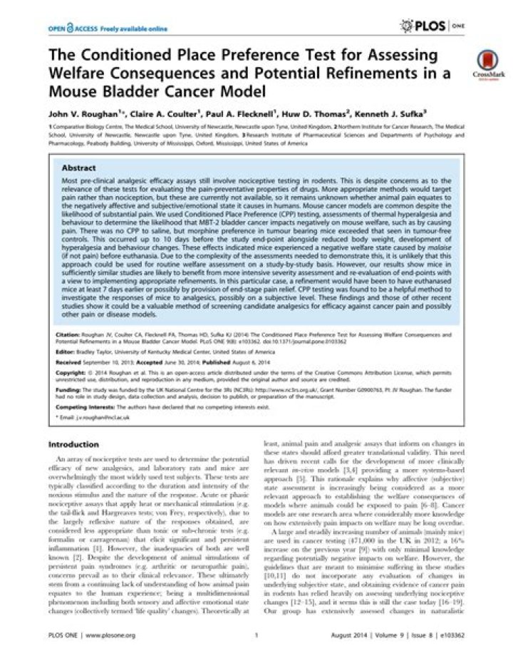The Conditioned Place Preference Test for Assessing Welfare Consequences and Potential Refinements in a Mouse Bladder Cancer Model - ePrints